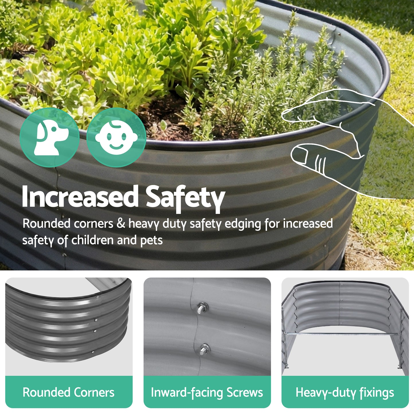 Green Fingers 3 Pcs Raised Garden Bed Kit Oval Galvanized Steel Planter Boxes 320x80x56cm, Heavy Duty Metal Elevated Garden Bed for Vegetables Flowers Herbs, with Safety Edging, Gloves & Pegs Included