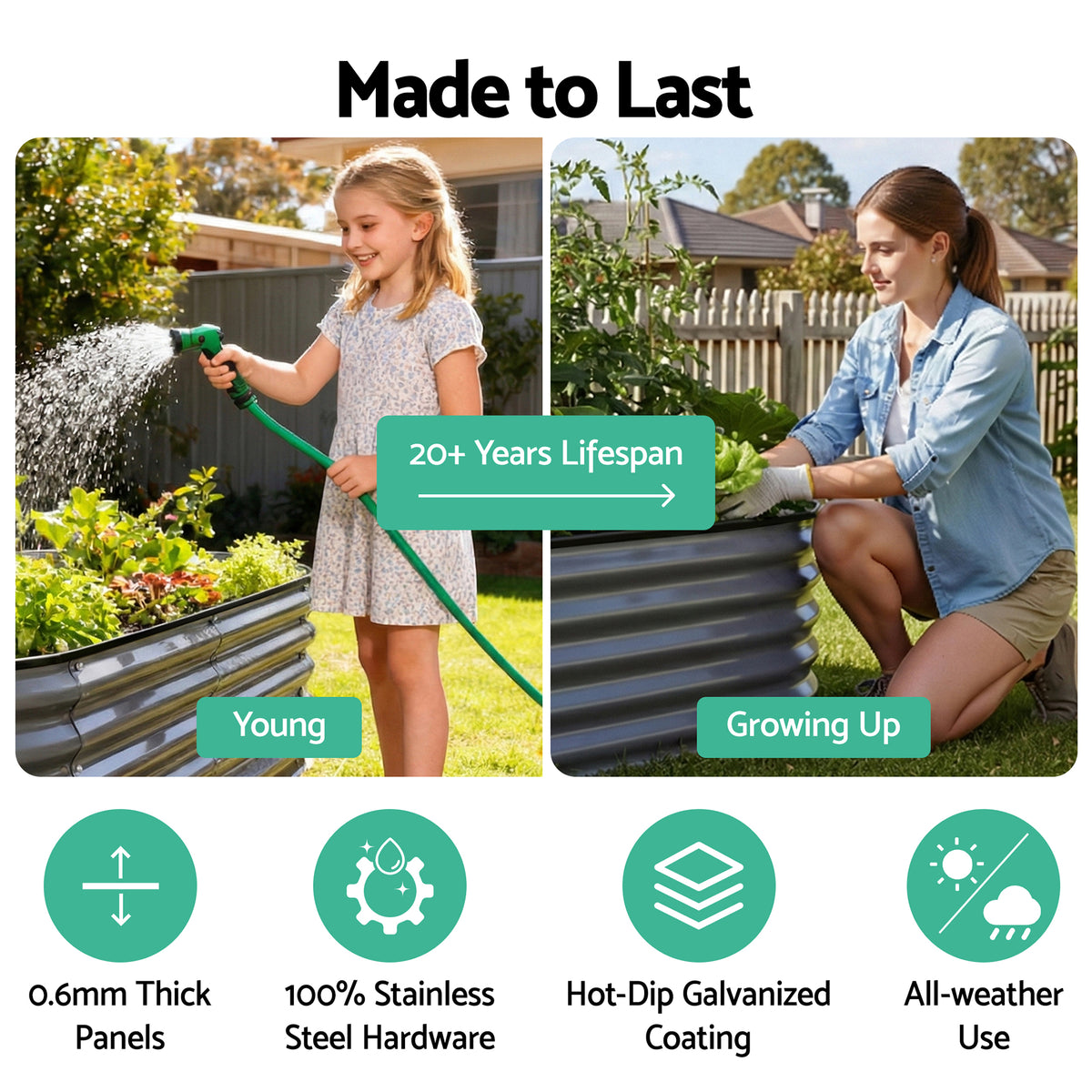 Green Fingers 4 Pcs Raised Garden Bed Kit Oval Galvanized Steel Planter Boxes 320x80x56cm, Heavy Duty Metal Elevated Garden Bed for Vegetables Flowers Herbs, with Safety Edging, Gloves & Pegs Included