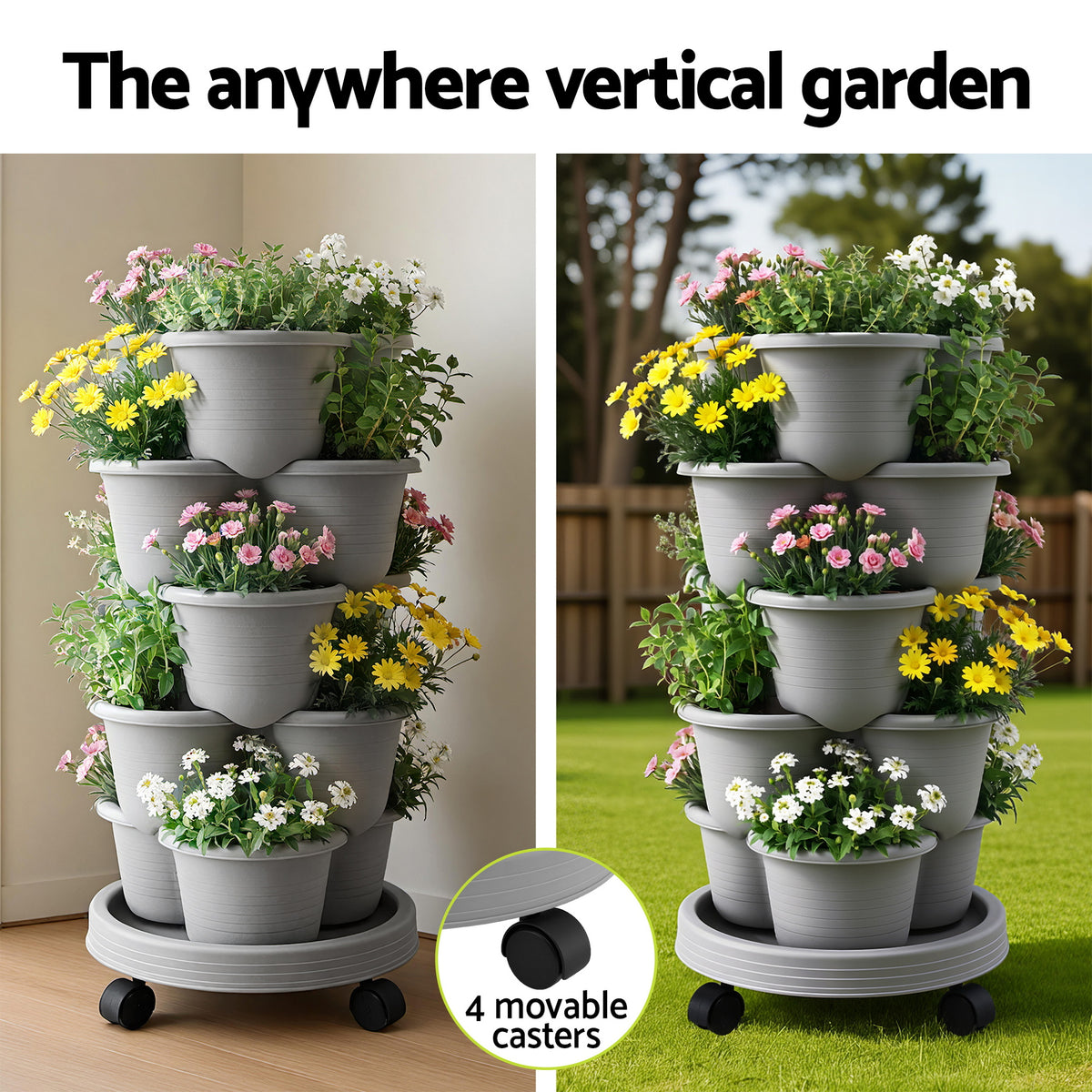 Green Fingers 5 Tier Vertical Garden Planter, Stackable Planters with 4 Wheels, Grey, Raised Garden Bed, Garden Tower Indoor Outdoor, Auto Drainage System, for Strawberries, Herbs, Flower, Vegetables