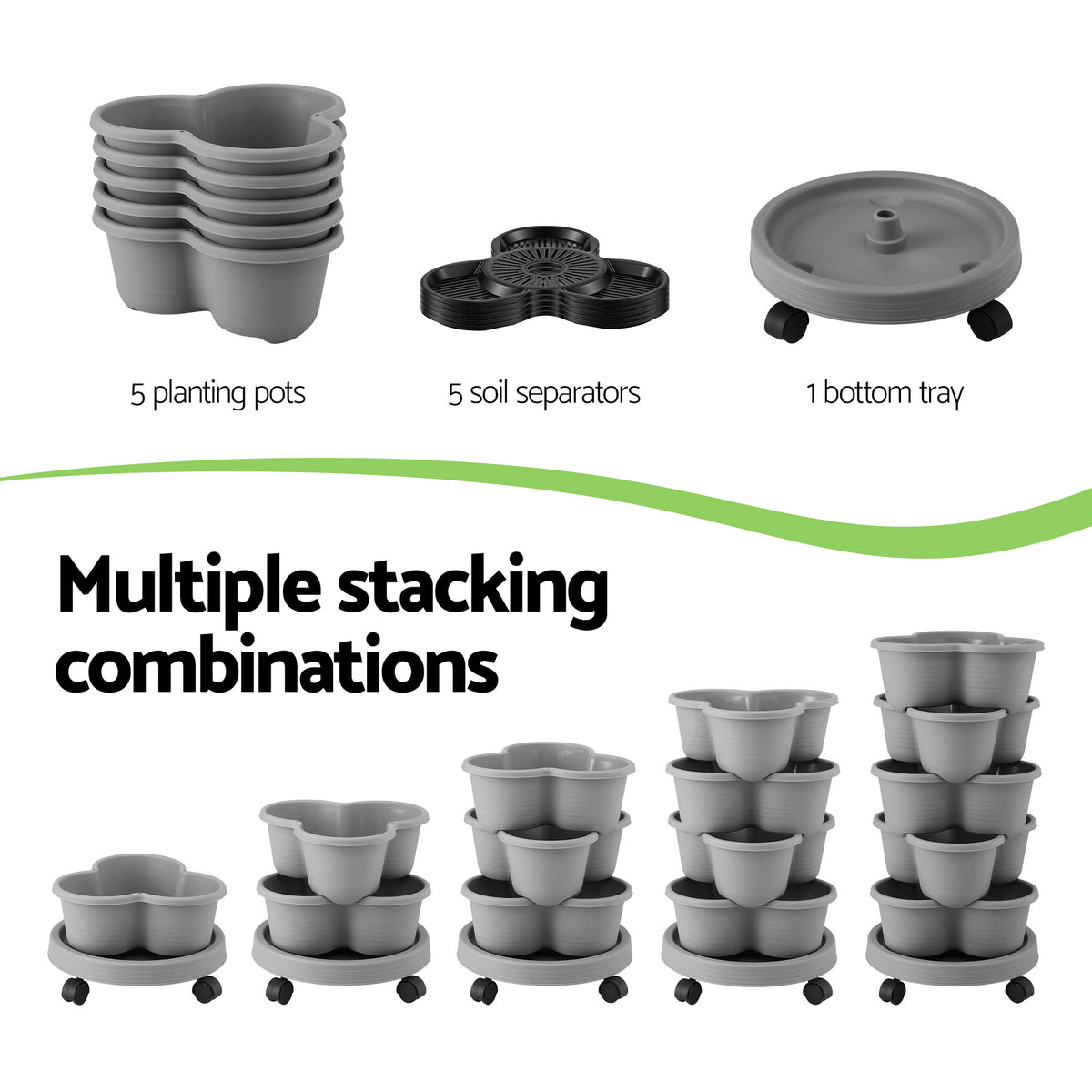 Green Fingers 5 Tier Vertical Garden Planter, Stackable Planters with 4 Wheels, Grey, Raised Garden Bed, Garden Tower Indoor Outdoor, Auto Drainage System, for Strawberries, Herbs, Flower, Vegetables