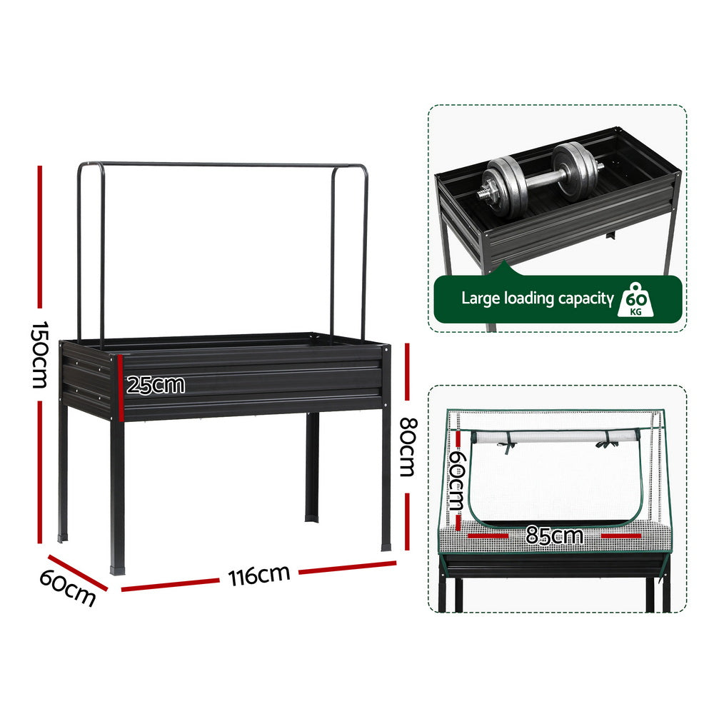 Green Fingers Elevated Metal Garden Bed Kit w Mini Greenhouse Cover 116x60cm Stand-Up Height Trellis