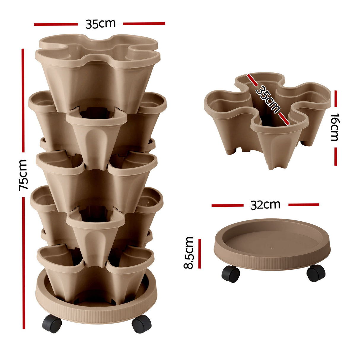 Green Fingers Garden Bed 5 Tier Vertical Garden Grey Strawberry Stackable Planters Herb Petunias Tan