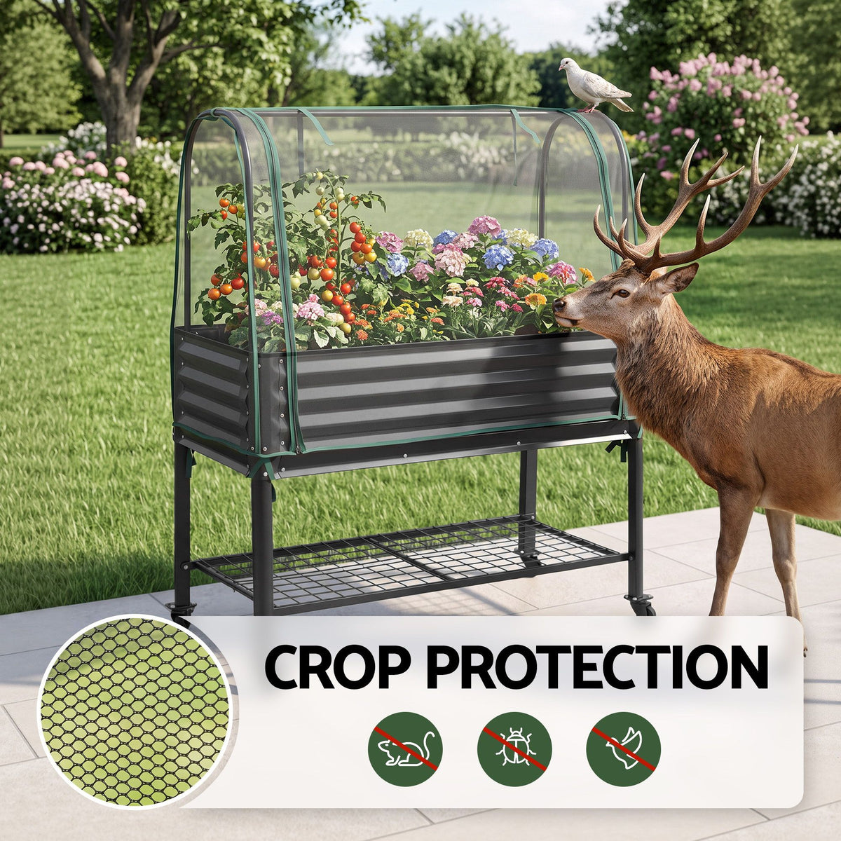 Green Fingers Mobile Raised Garden Bed with Net Cover Storage Shelf for Tomato Vegetables Herb Charcoal