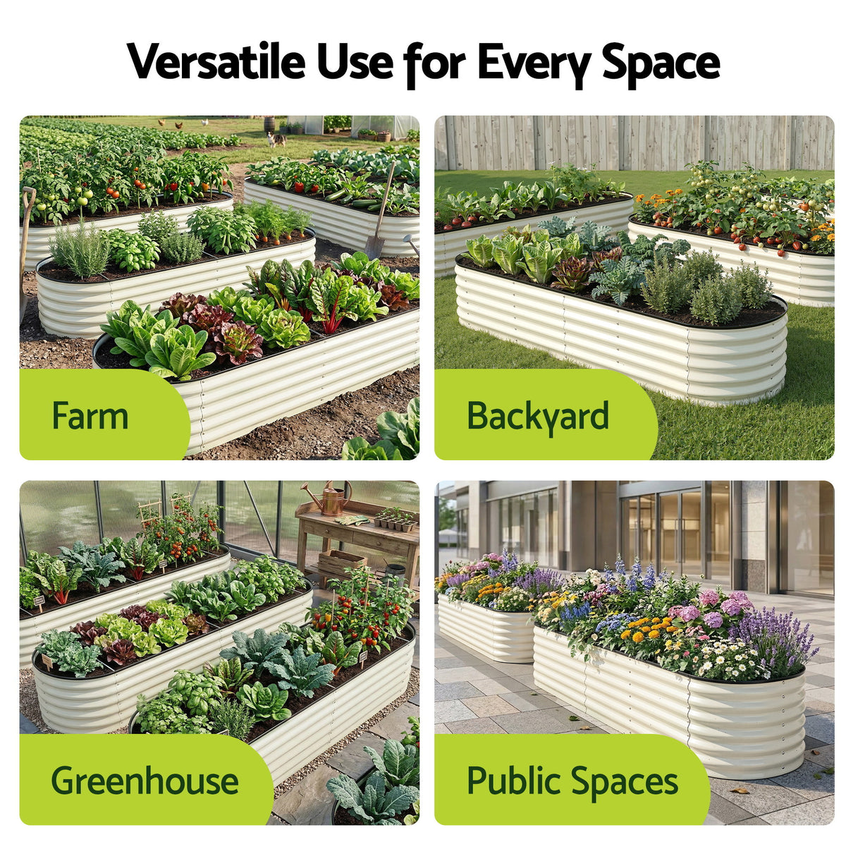Green Fingers Oval Raised Garden Bed Galvanised Planter Box Rust Resistant 240x60x45cm White