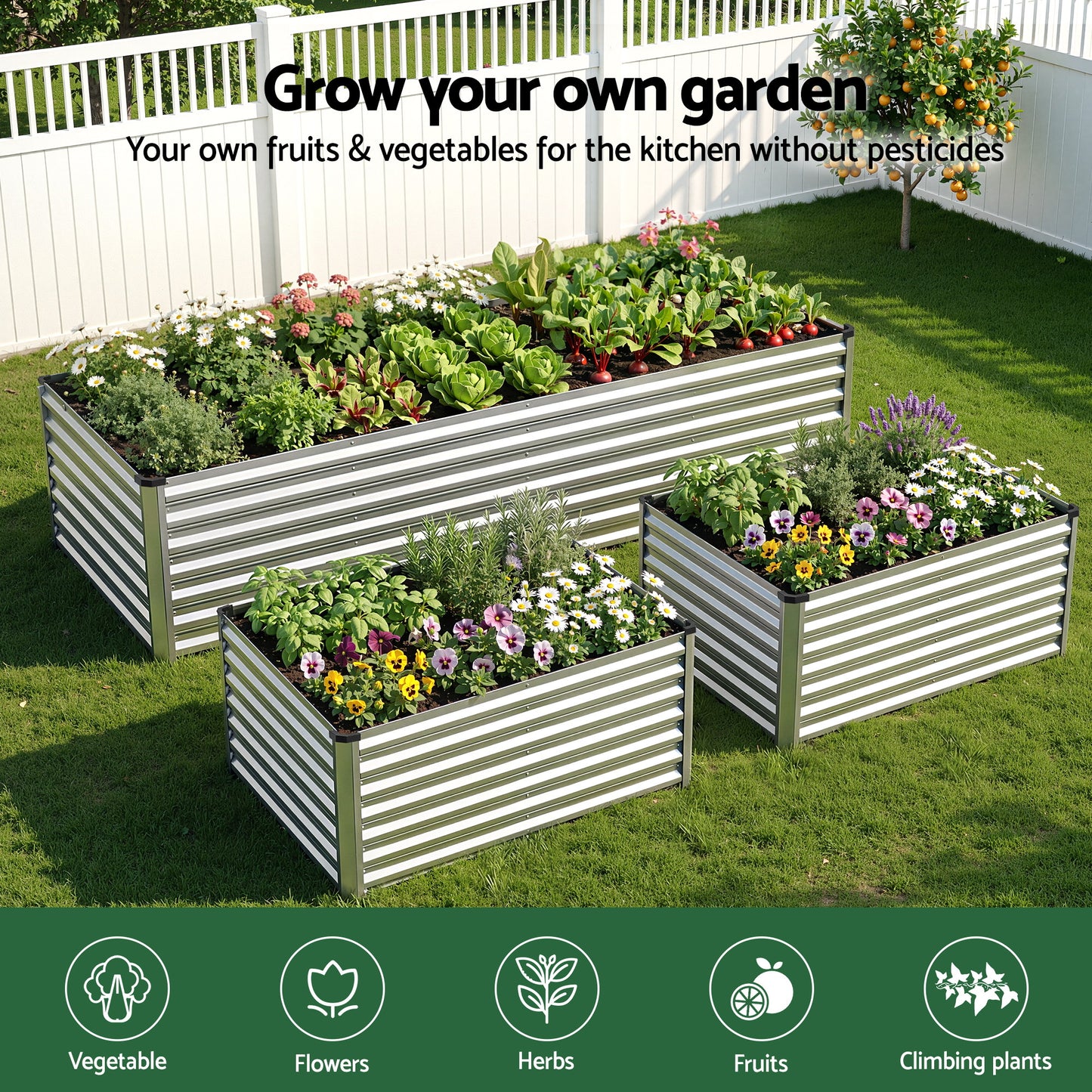 Green Fingers Raised Garden Bed 2 in 1 Modular Galvanised Planter Box Rust Resistant 240x80x60cm