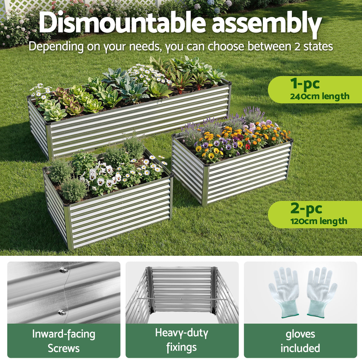 Green Fingers Raised Garden Bed 2 in 1 Modular Galvanised Planter Box Rust Resistant 240x80x60cm