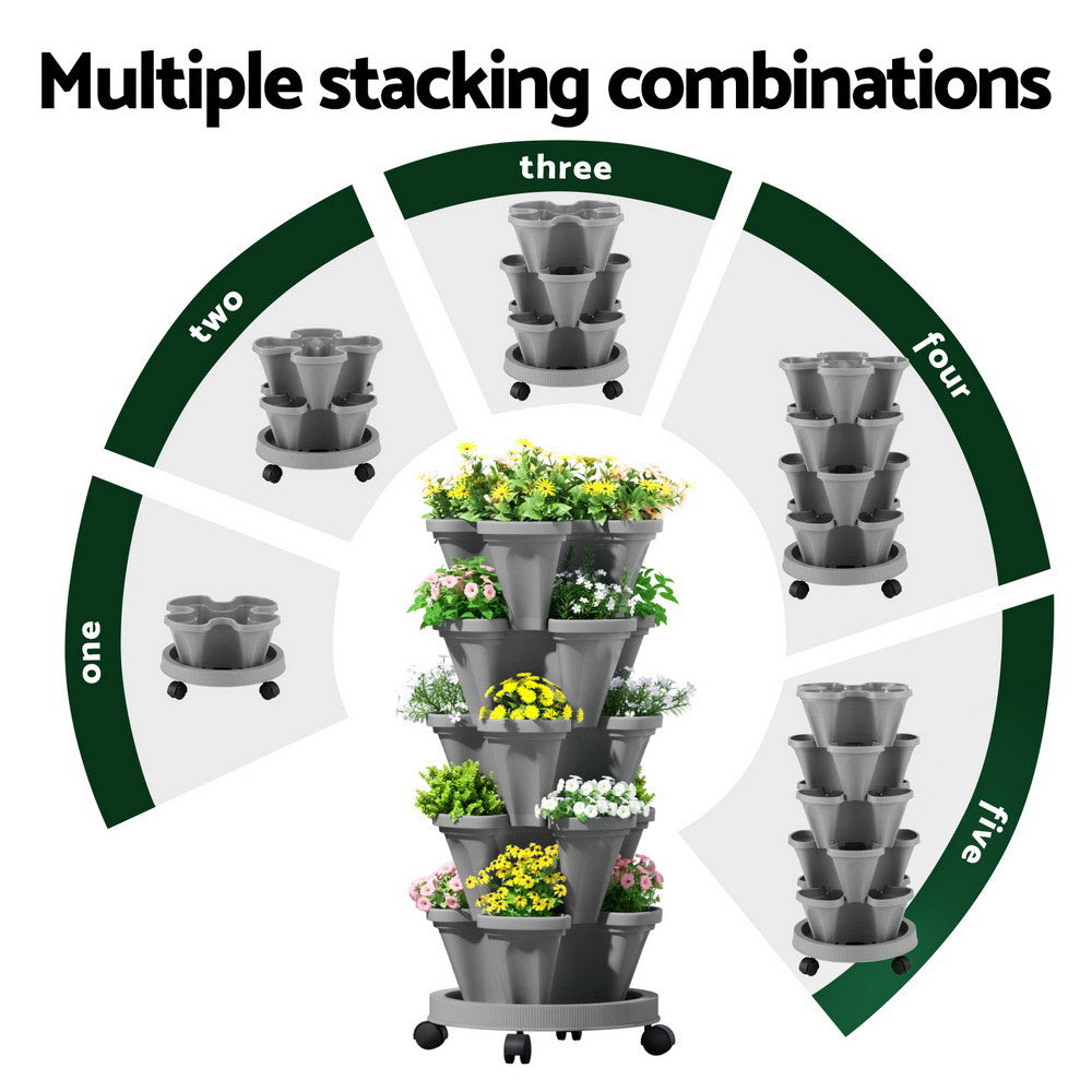 Green Fingers Raised Garden Bed 5 Tier Vertical Garden Grey Strawberry Stackable Planters Herbs Petunias
