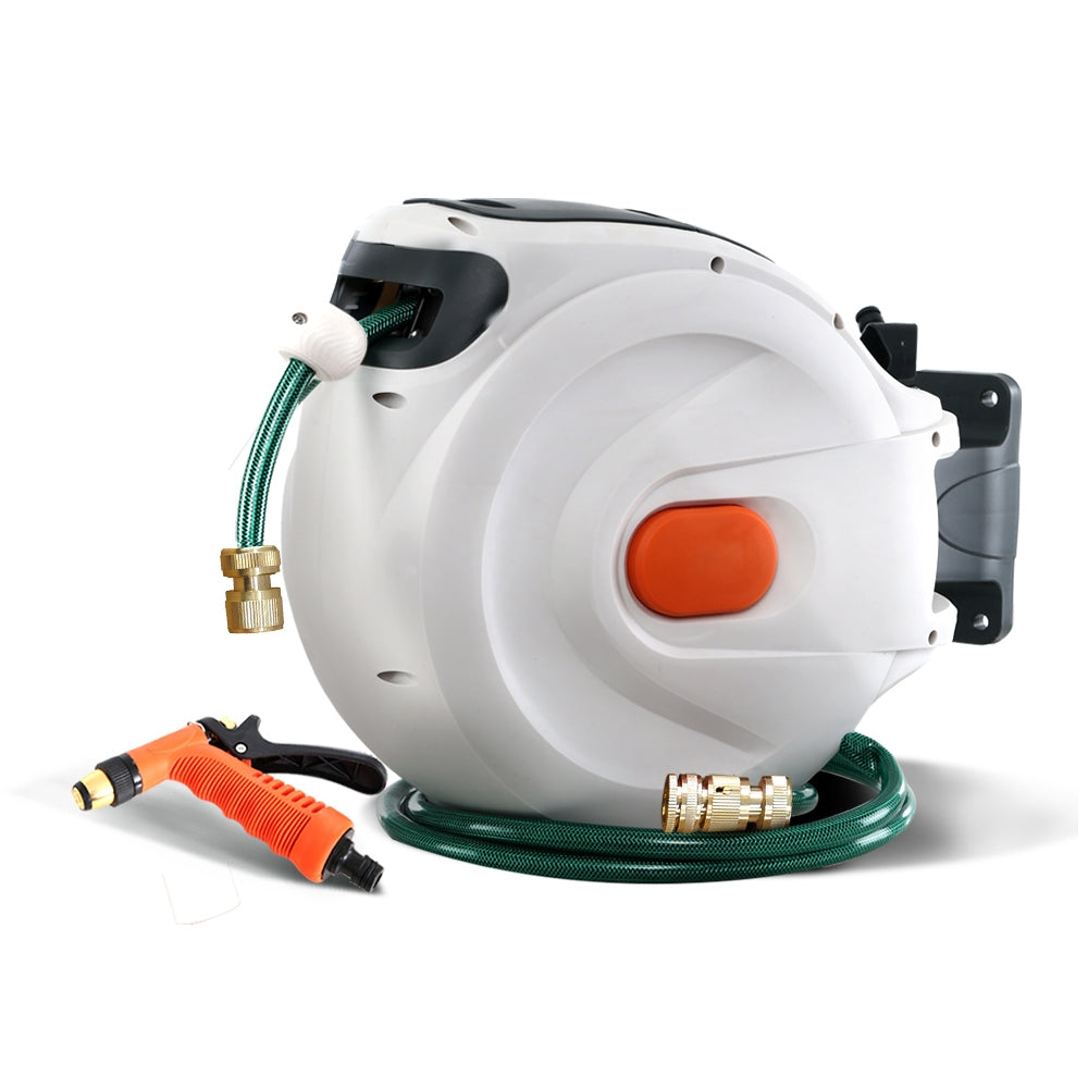 Green Fingers Water Hose Reel 30M Retractable Garden Brass Spray Gun Auto Rewind
