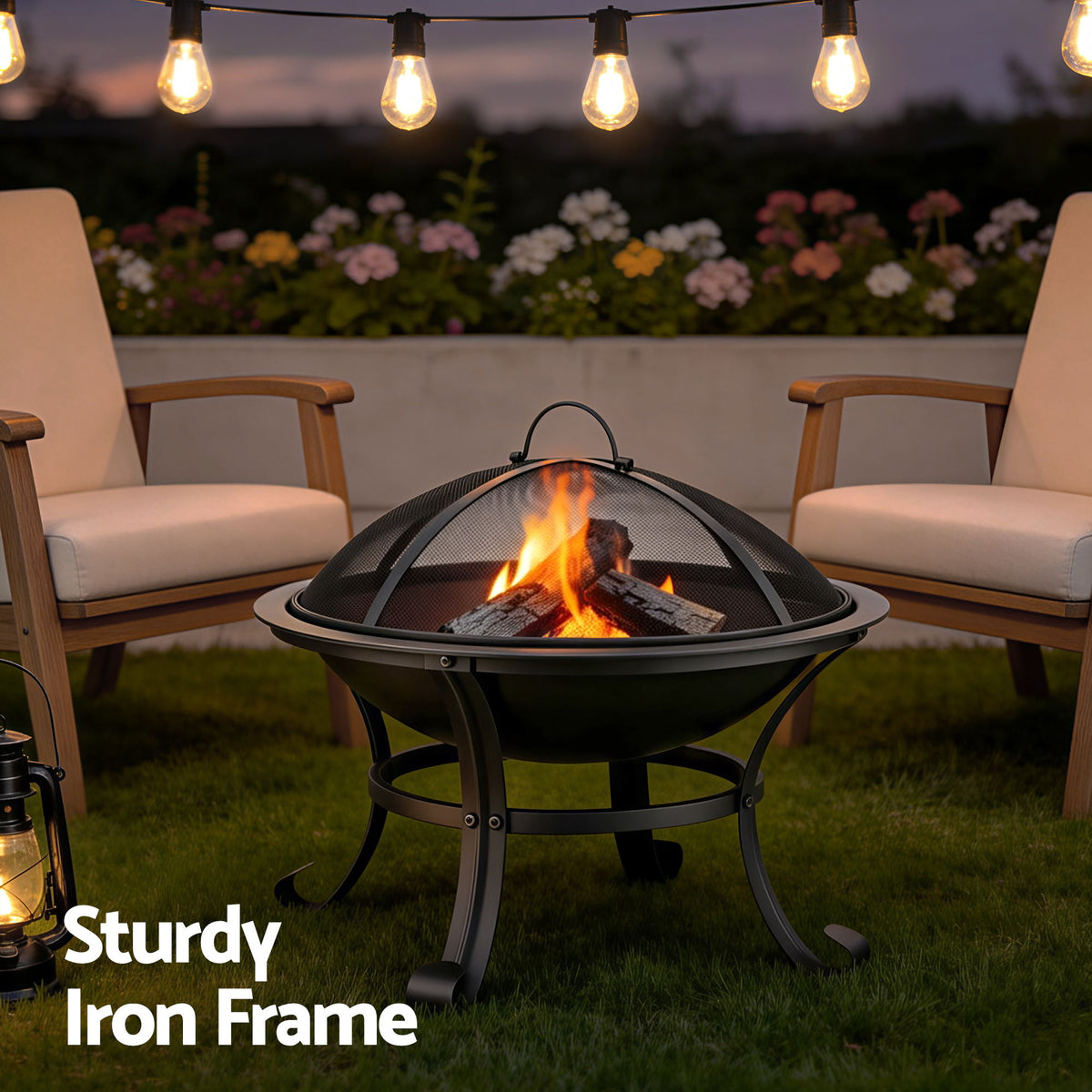Grillz Fire Pit with Mesh Lid and Fire Picker BBQ Grill Wood Burning Outdoor Camping