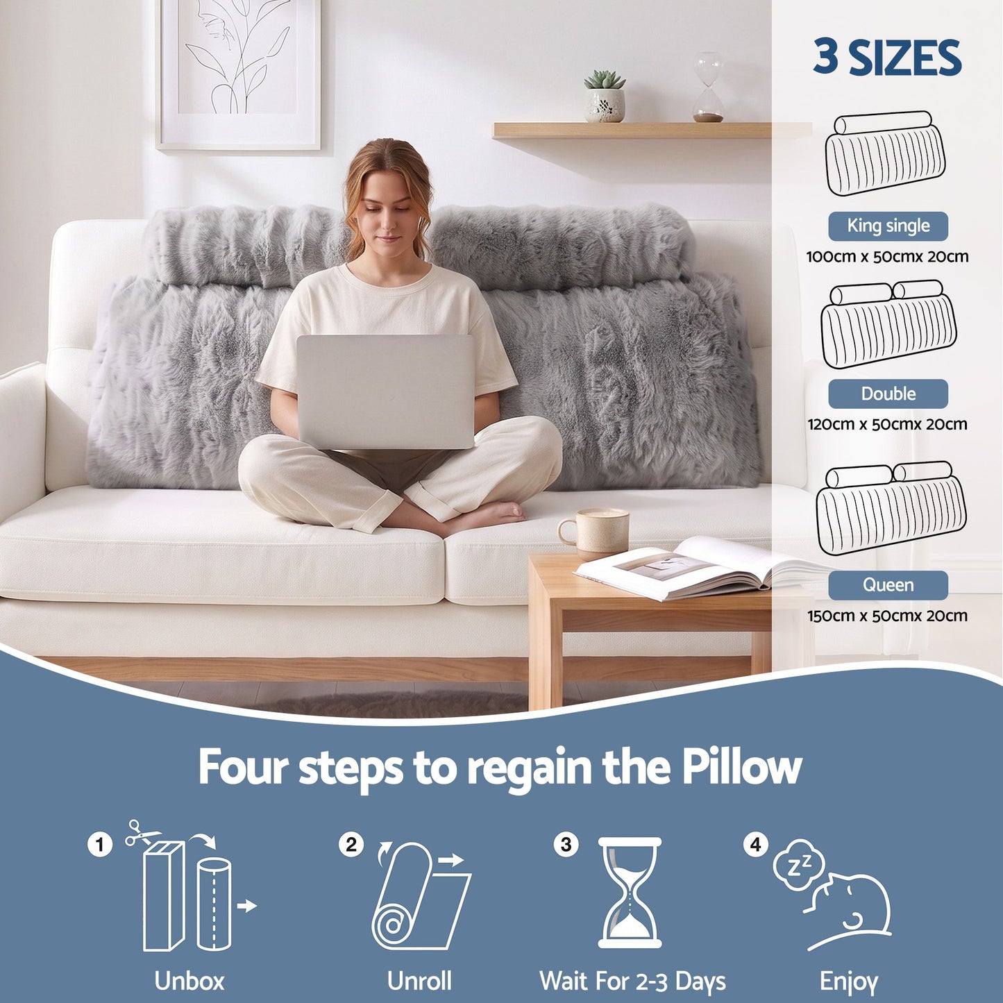 Giselle Wedge Pillow Headboard, Easy Wash Zipper Cover & Anti-Flat Foam, Couch Lumbar Support for Dorm Readers, 340g Faux Rabbit Fur with Dual Pockets, Double