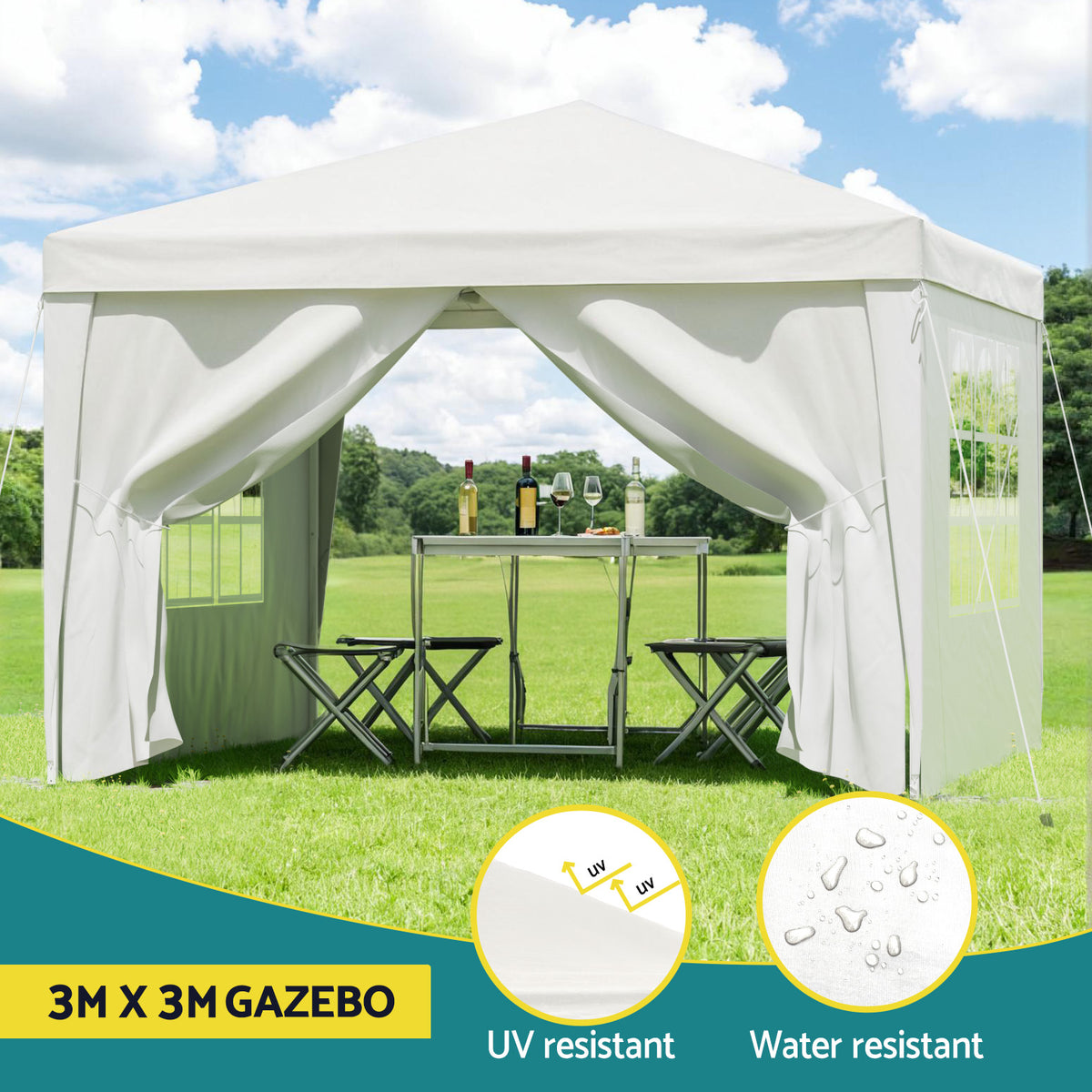 Instahut Gazebo 3x3 Pop Up Marquee Folding Tent Wedding Gazebos Camping Outdoor Canopy White