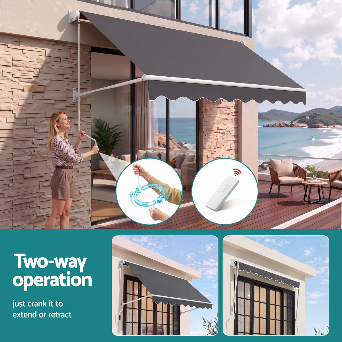Instahut Motorised Pivot Arm Awning Window Sun Shade 2.8 X 2.1M Grey