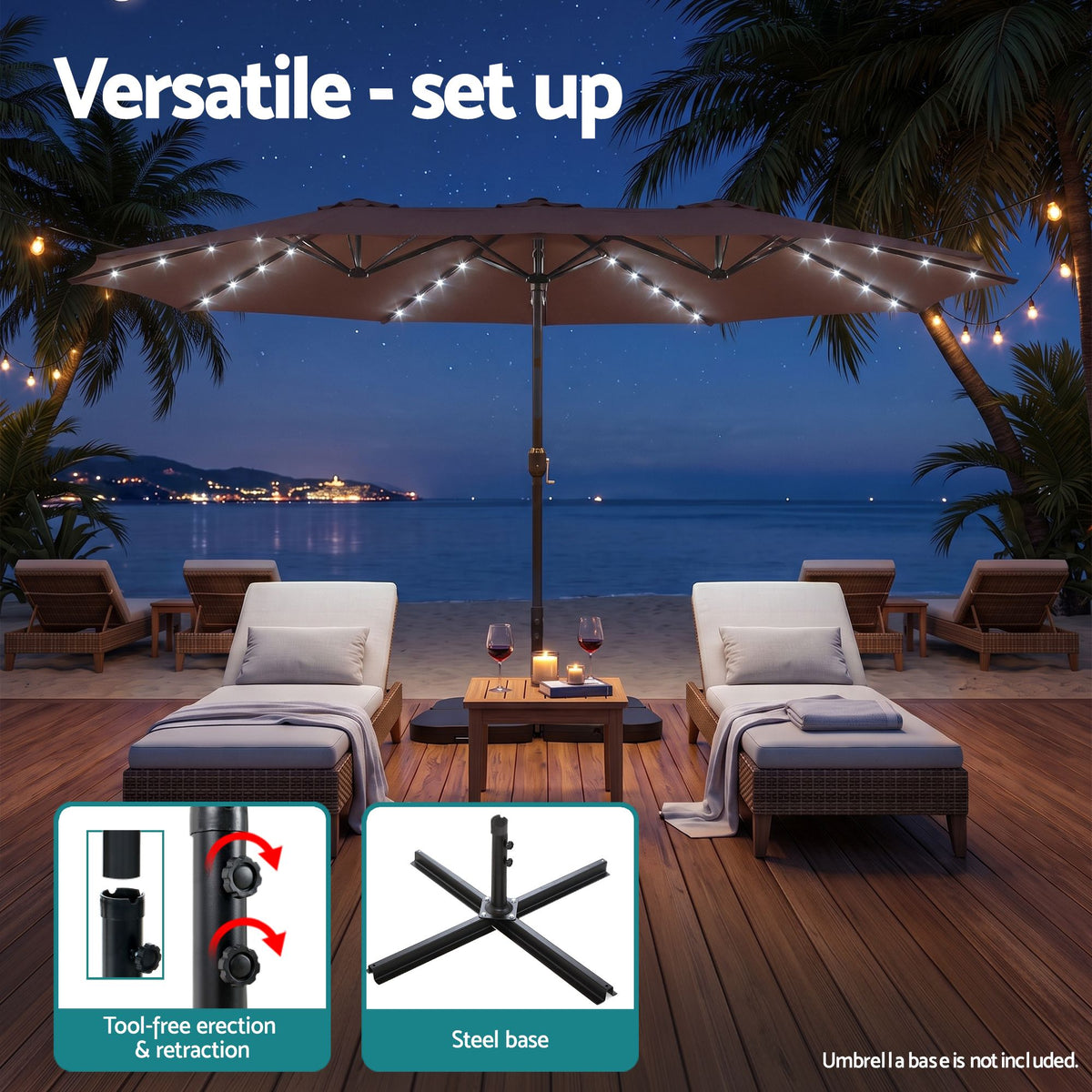 Instahut Outdoor Umbrella 4.57m Solar 48 LED Double-Sided Patio Parasol Brown