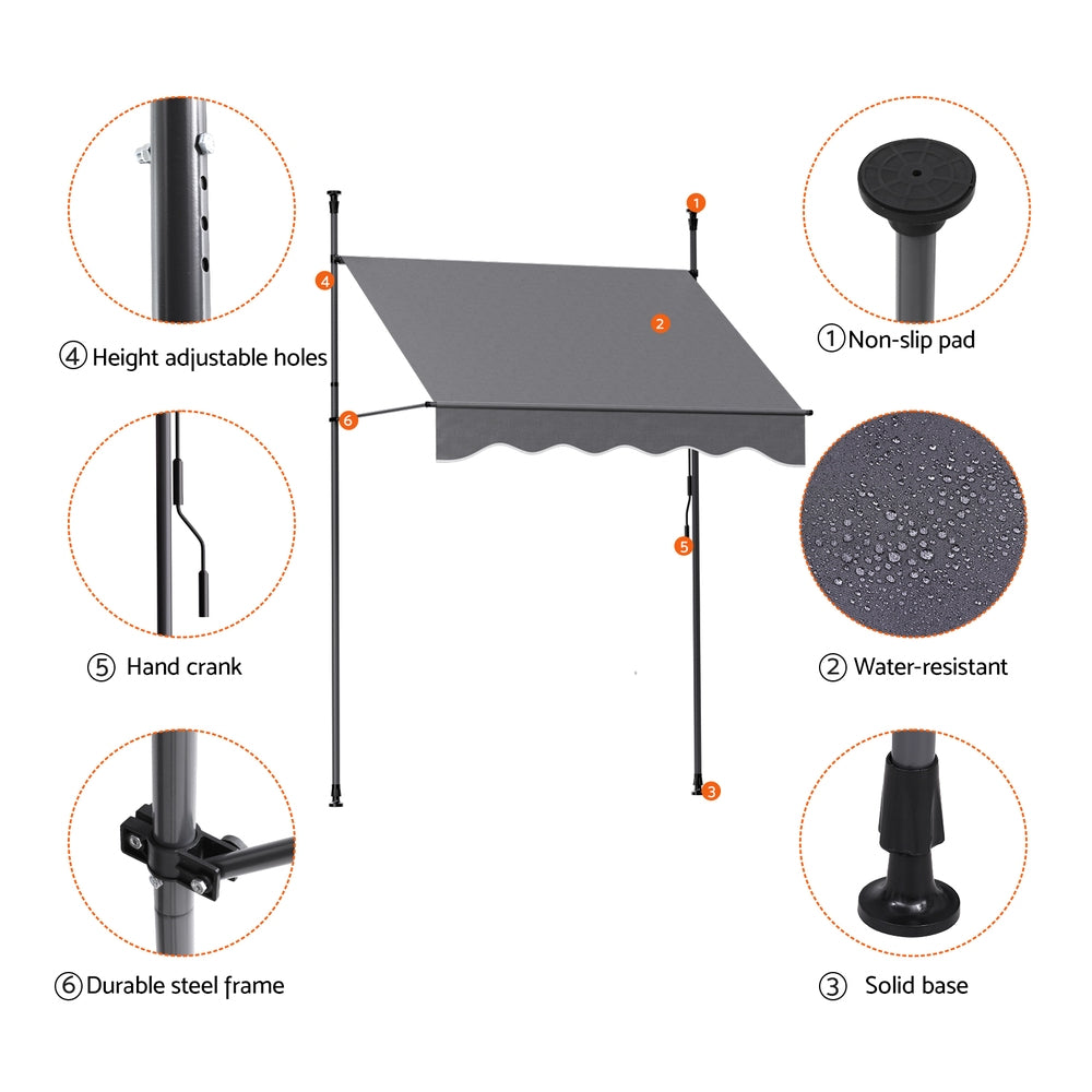 Instahut Window Fixed Pivot Arm Awning Outdoor Door Canopy 2X1.8M Grey