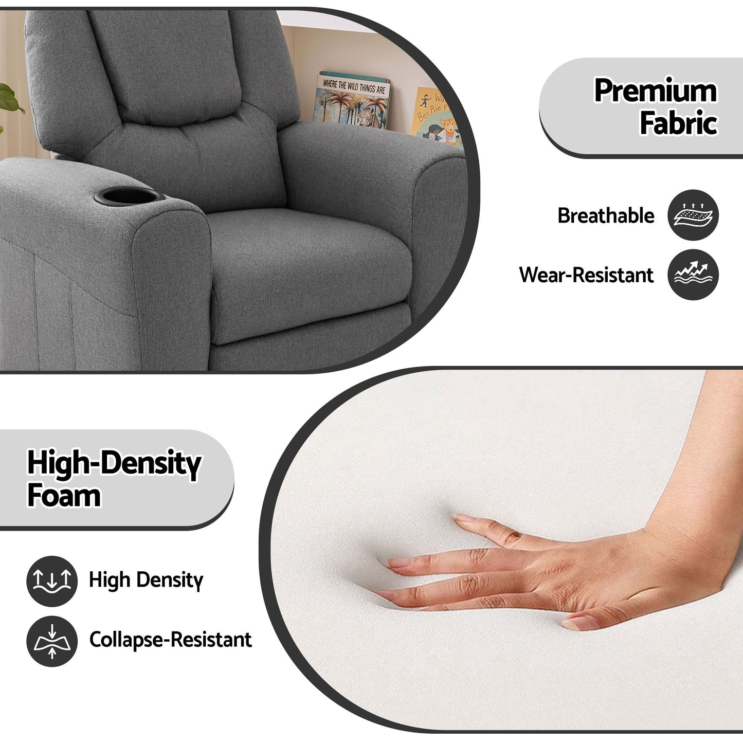 Keezi Kids Recliner Chair Grey Linen Soft Sofa Lounge Couch Children Armchair