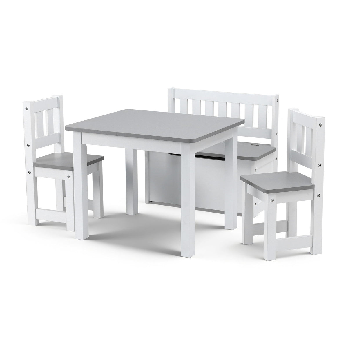 Keezi 2 in 1 Kids Table and Chair Set, Activity Table with Storage Bench and 2 Chairs for Reading, Drawing, Writing, Snack Time & Arts Crafts, 4 PCS Toddler Table and Chair Set, Grey