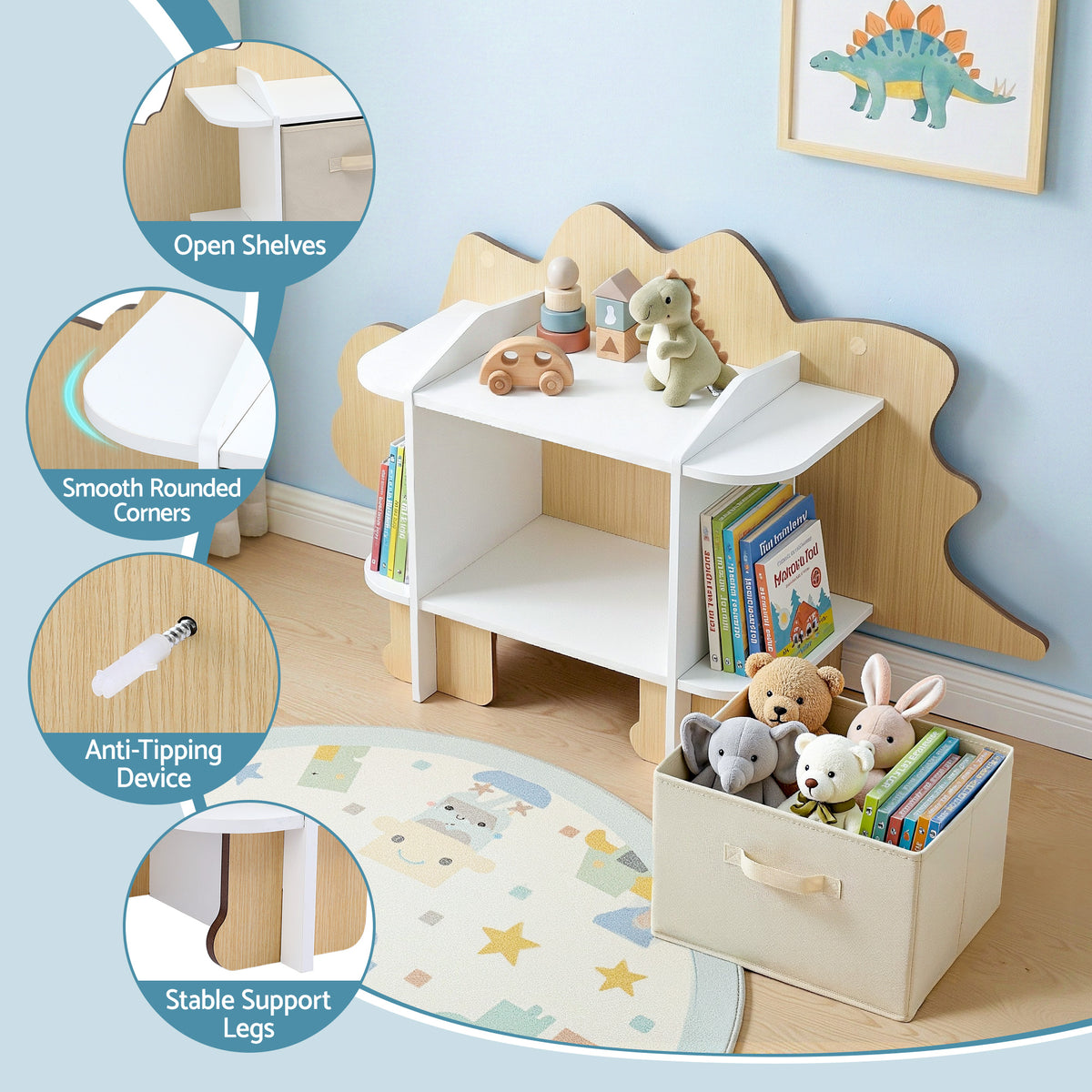Keezi Dinosaur Kids Bookshelf 2-Tier Children's Bookcase Wooden with with Fabric Drawer, Toddler Bookshelf Toy Storage Organizer for Preschool, Kids Room, Playroom, Nursery
