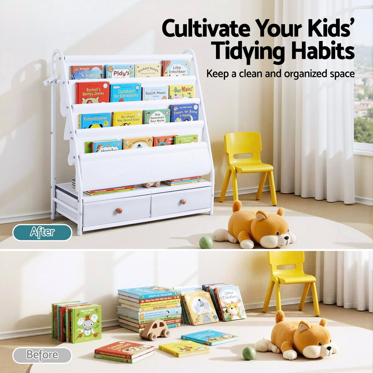 Keezi Kids Bookshelf Metal Storage Rack Toy Organiser Display Shelf Drawer White