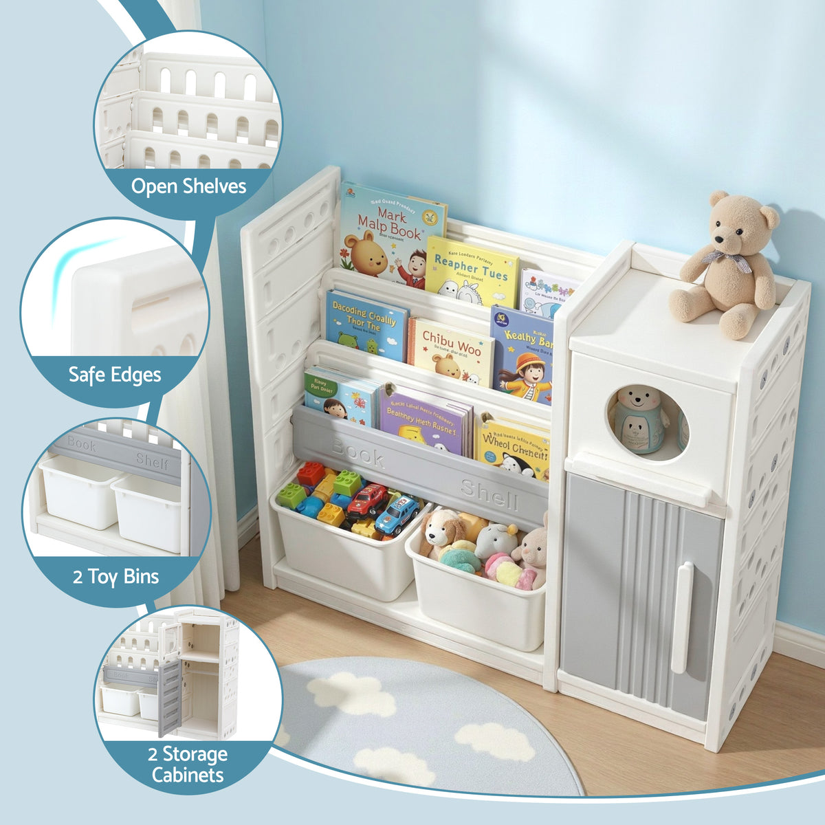 Keezi Kids Bookshelf and Toy Storage Organizer with 3-Tier Bookshelvs, 2 Removable Bins and 2 Storage Cabinets, Toddler Bookshelf with Toy Organizer for Kids' Rooms, Playrooms