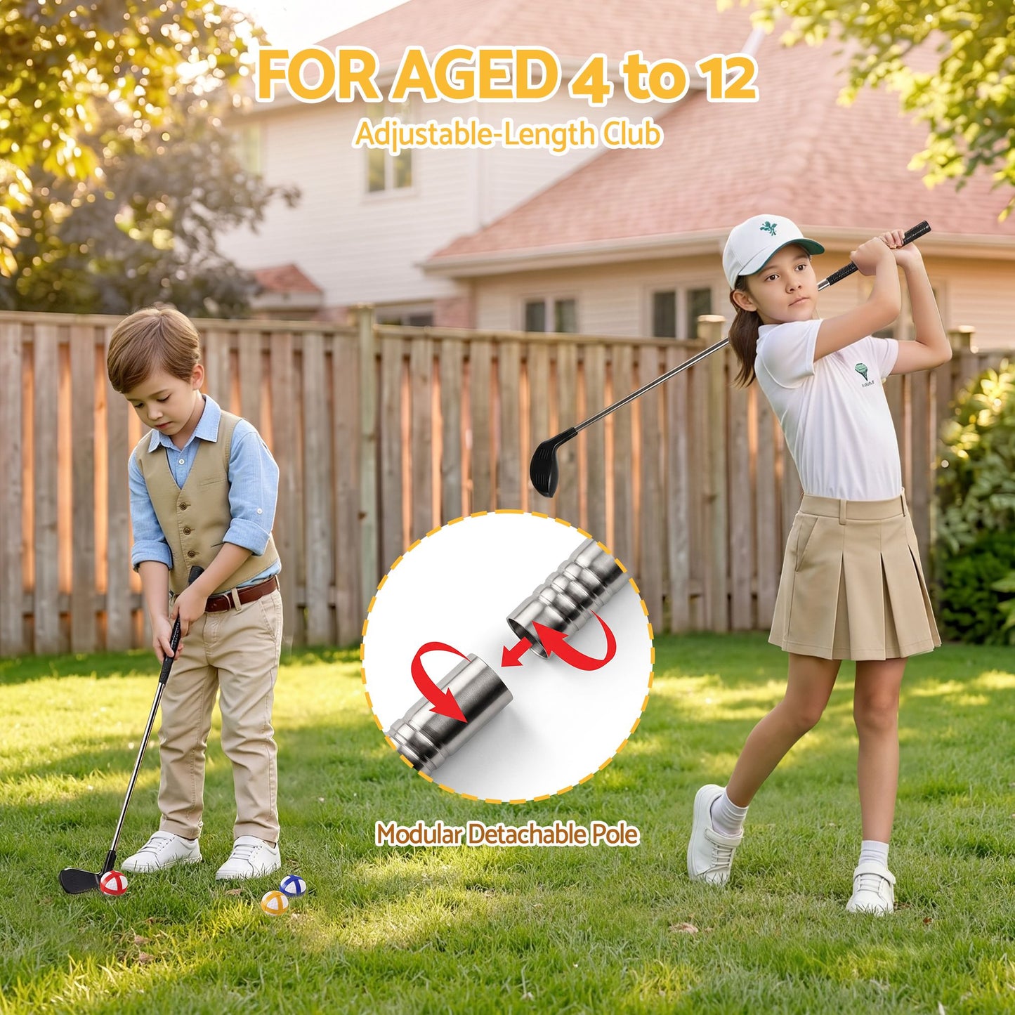 Keezi Kids Golf Play Set Chipping Game, 24 Sticky Balls, Adjustable Club & 2 Hitting Mats for Indoor Outdoor Ages 3-12 Play