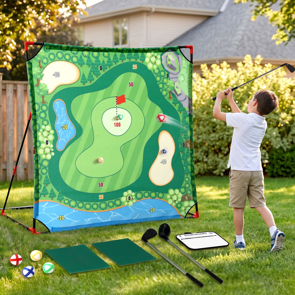 Keezi Kids Golf Play Set Chipping Game, 24 Sticky Balls, Adjustable Club & 2 Hitting Mats for Indoor Outdoor Ages 3-12 Play