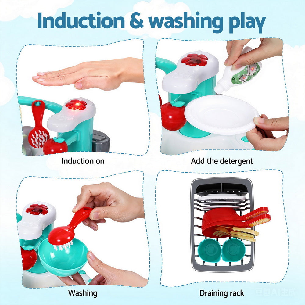 Keezi Kids Kitchen Play Set Play Pretend Sink Dishwasher Toys Green