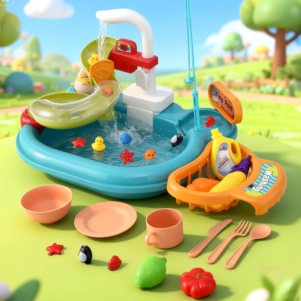 Keezi Kids Pretend Play Kitchen Sink with Faucet Floating Fishing Toys Play food