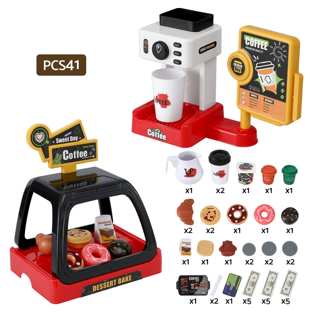 Keezi Kids Pretend Role Play Toy Coffee Shop with Coffee Maker Machine Play Money Food Tea Party Set