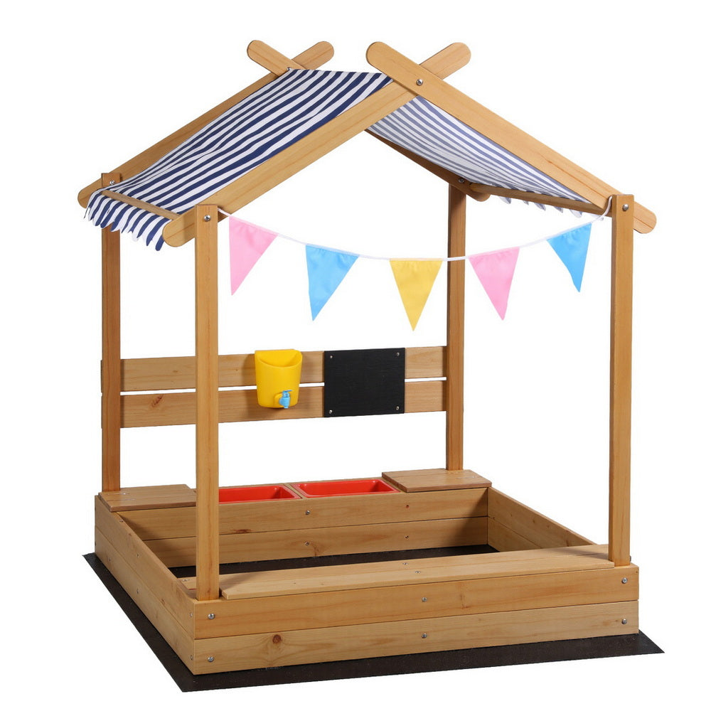 Keezi Kids Sandpit Wooden Sandbox Sand Pit with Canopy Water Basin Toys 146cm