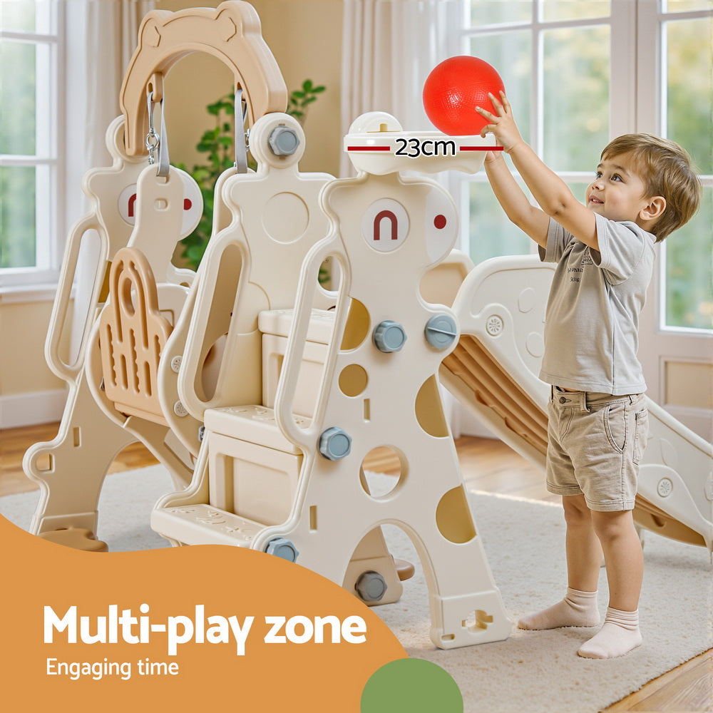 Keezi Kids Slide Swing Set Basketball Hoop Outdoor Playground Toys 160cm Beige