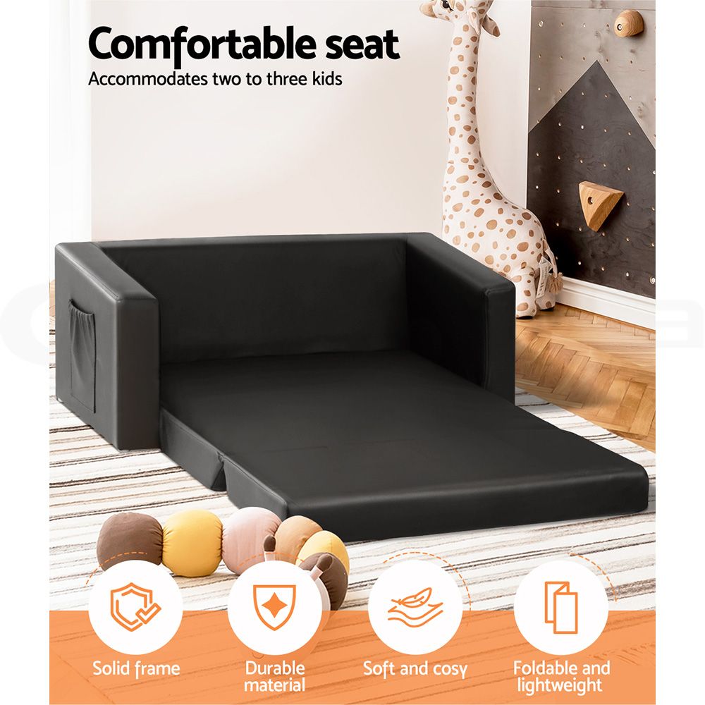 Keezi Kids Sofa 2 Seater Children Flip Open Couch PU Leather Armchair Black