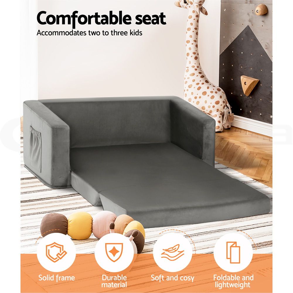 Keezi Kids Sofa 2 Seater Children Flip Open Couch Velvet Armchair Grey