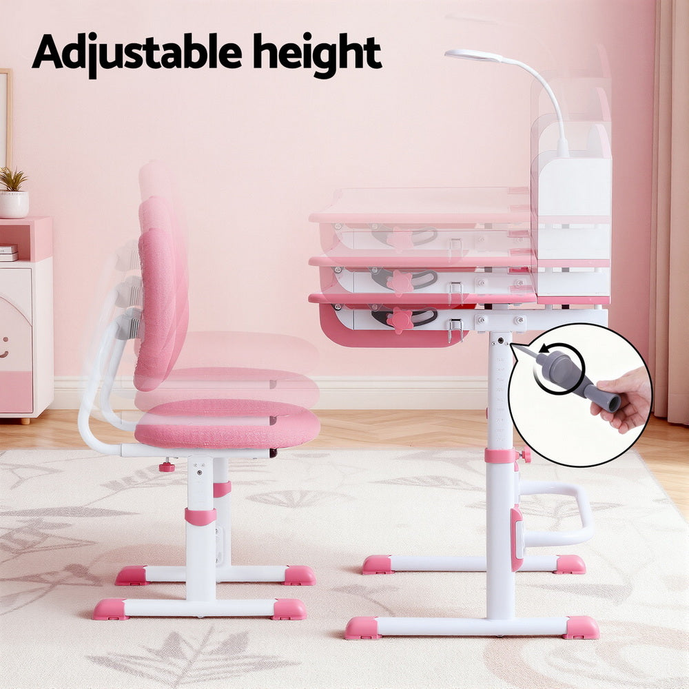 Keezi Kids Study Desk Chair Set Adjustable Ergonomic Table LED Lamp Pink