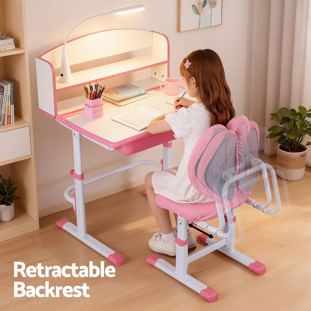 Keezi Kids Study Desk Chair Set Adjustable Ergonomic Table LED Lamp Pink