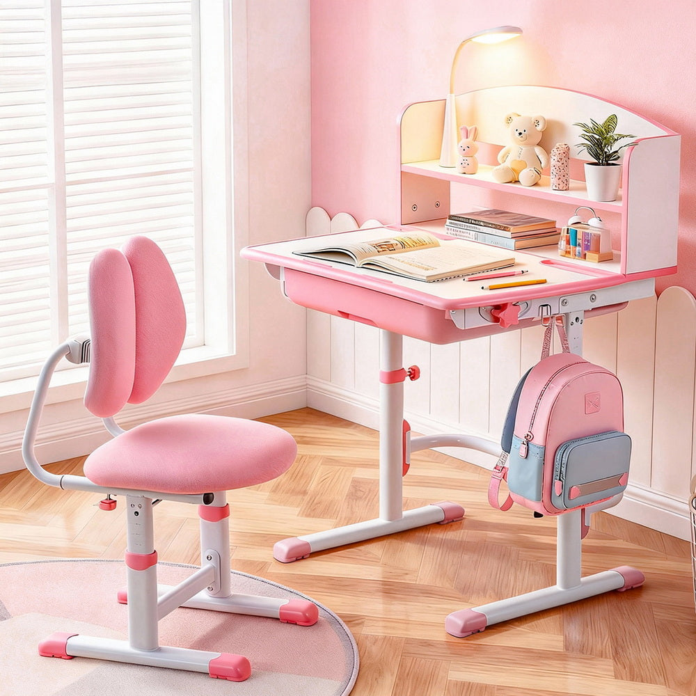 Keezi Kids Study Desk Chair Set Adjustable Ergonomic Table LED Lamp Pink