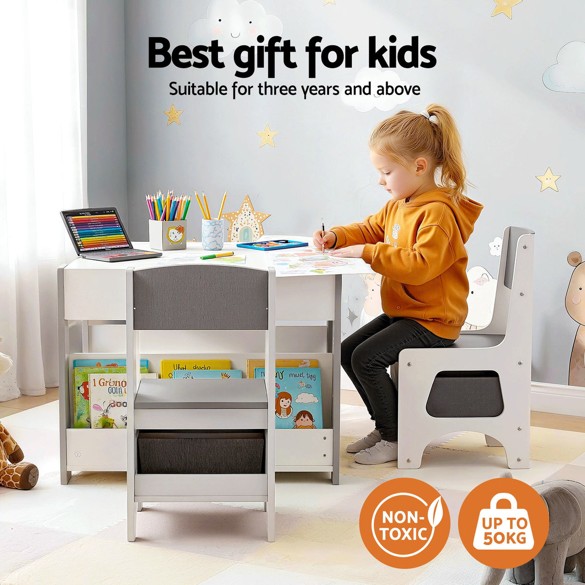 Keezi Kids Table and Chair Set, 4 in 1 Wooden Activity Table with Bookcase, Storage Box and Detachable Blackboard, Toddler Table and 2 Chairs Set, Grey