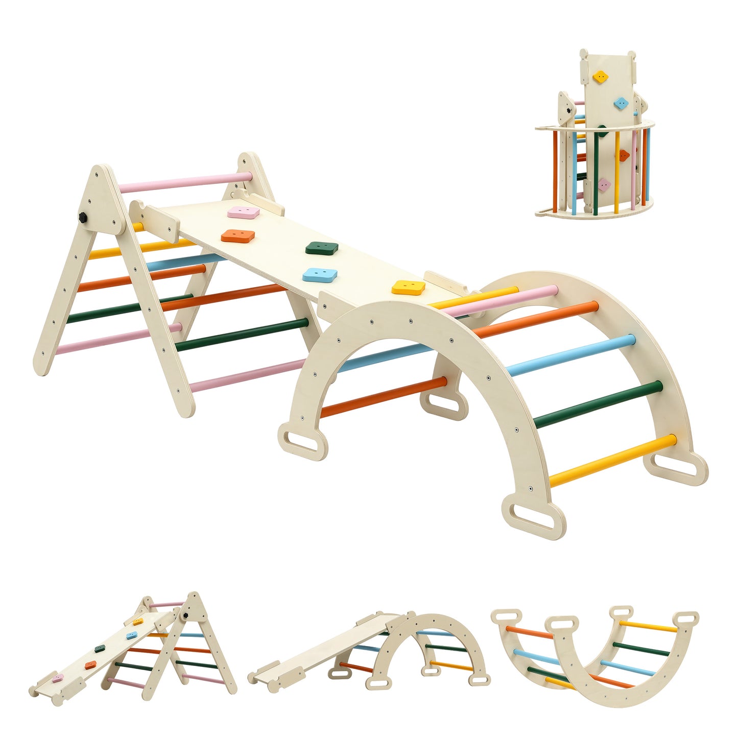 Keezi Kids Triangle Climbing Toys Set With Slide Indoor Outdoor Toddler Toys Pikler Climber With Arch