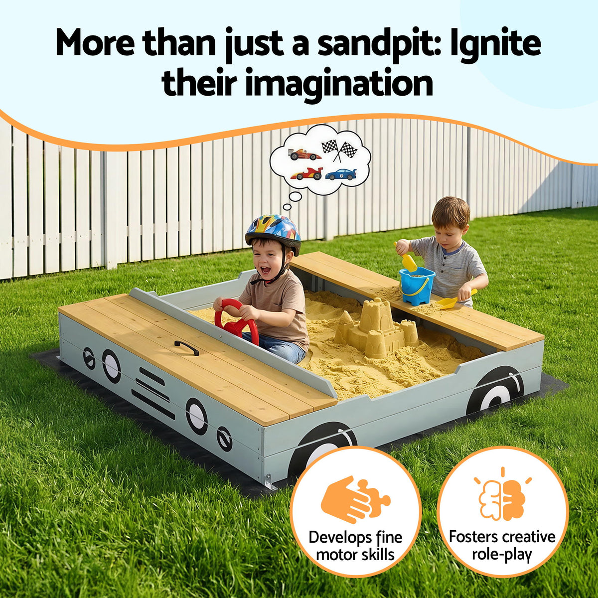 Keezi Wooden Car Sandpit Kids Sandbox Outdoor Play Toy w/ Storage Ground Sheet 120cm