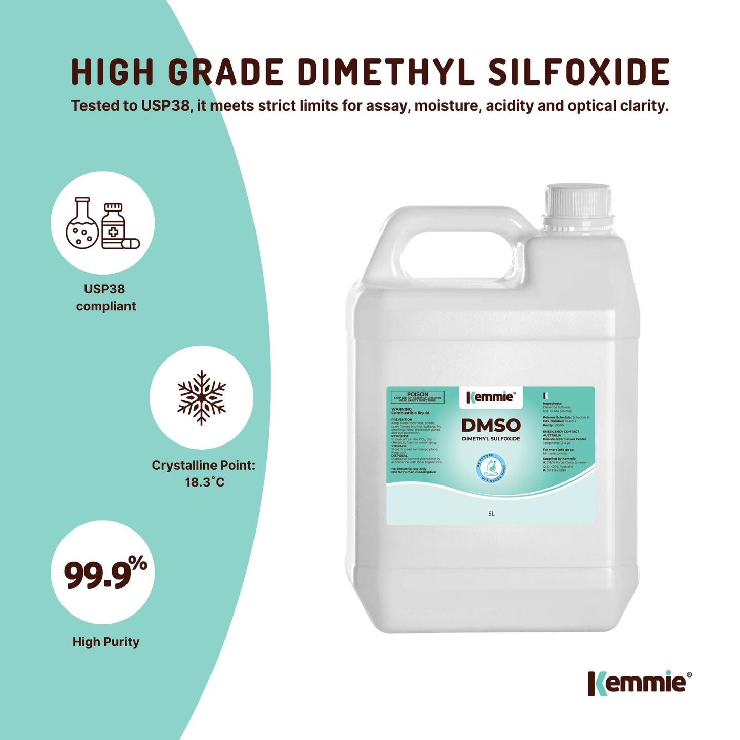 Kemmie 5L DMSO Liquid 99.9% Pure USP Grade Dimethyl Sulfoxide Solvent Bulk