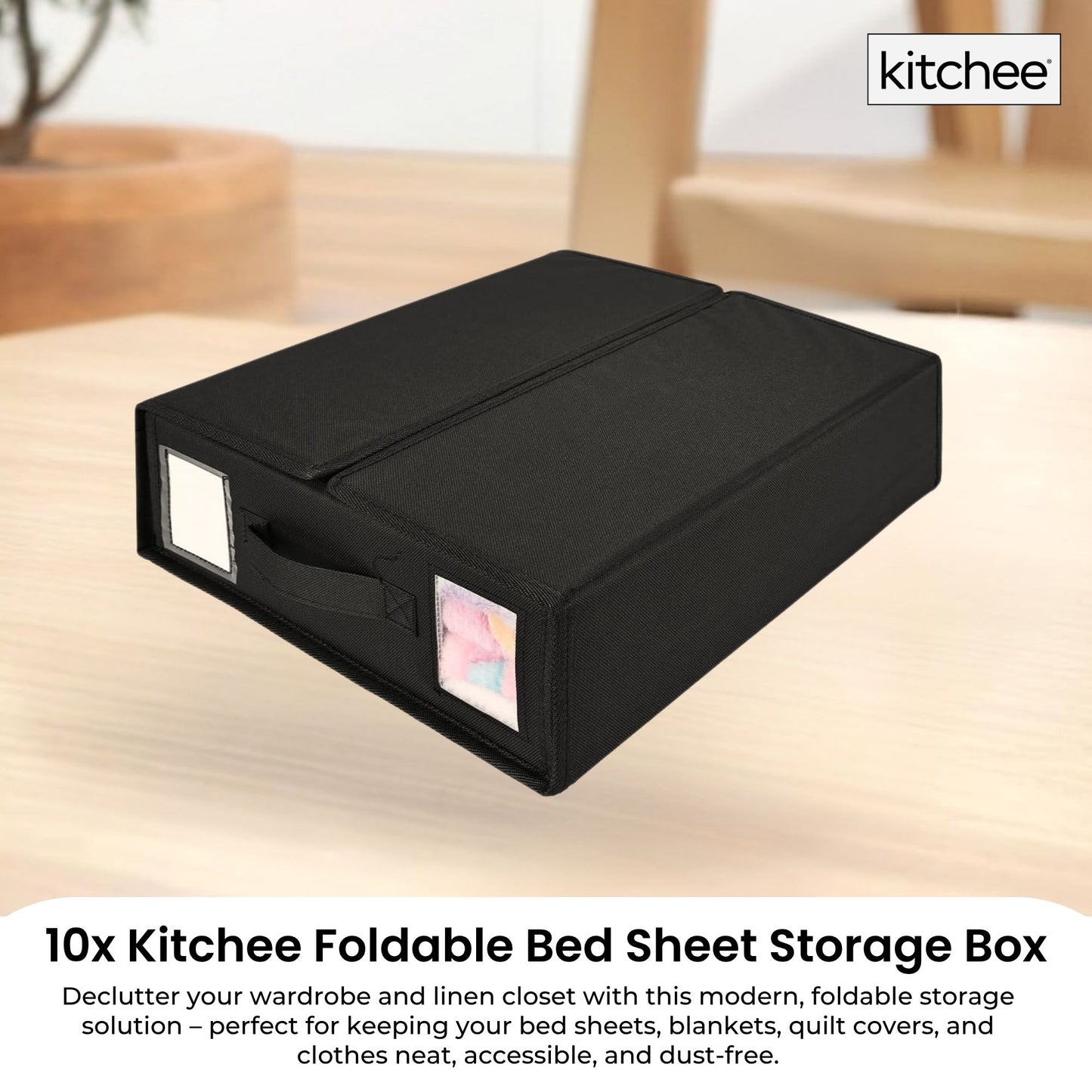 Kitchee 10x Foldable Bed Sheet Storage Box - Linen + Closet Organiser Black