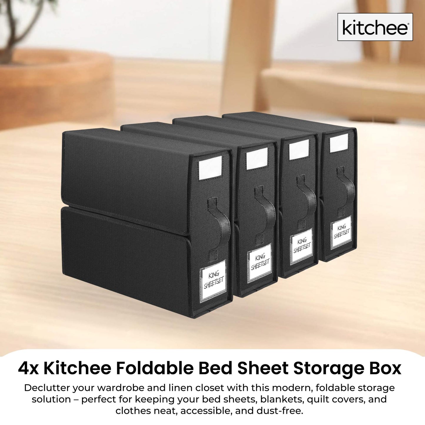 Kitchee 4x Foldable Bed Sheet Storage Box - Linen + Closet Organiser Black