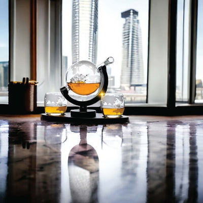 Kitchee 850ml Whiskey or Wine Globe Glass Decanter Set - 2 Glasses + Stand