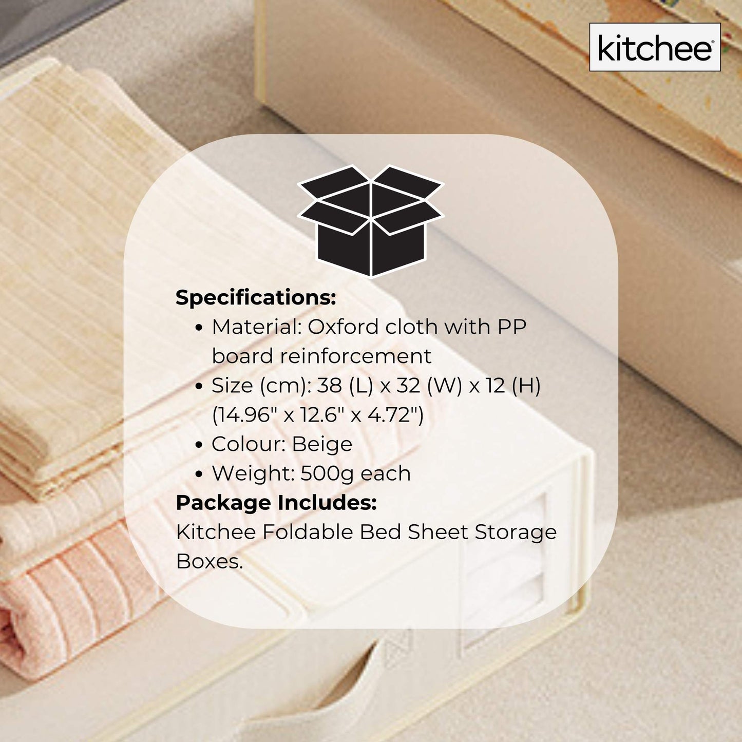 Kitchee Foldable Bed Sheet Storage Boxes - Linen Blanket and Closet Organiser Beige