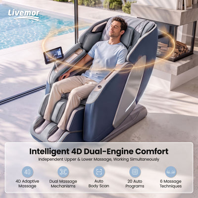 Livemor 4D Massage Chair Double Core SL Track Recliner Full Body Zero Gravity Heat Body Scan Melisa
