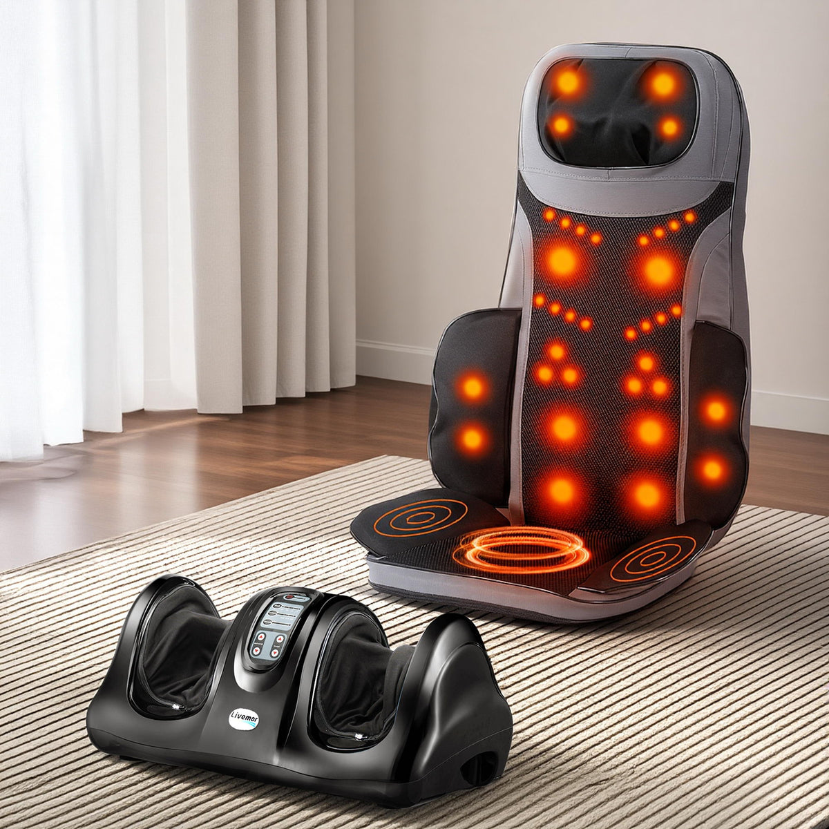 Livemor 8-nodes Full Back Massage Seat Cushion Heating With Foot Massagers
