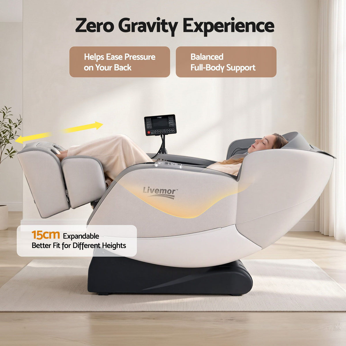 Livemor FLEX Full Body Massage Chair, Zero Gravity, Airbags, Recliner, Dual-Zone Waist & Calf Heat, 5 Auto Programs, 15cm Leg Extension for Different Height, Voice Control, Bluetooth Speakers