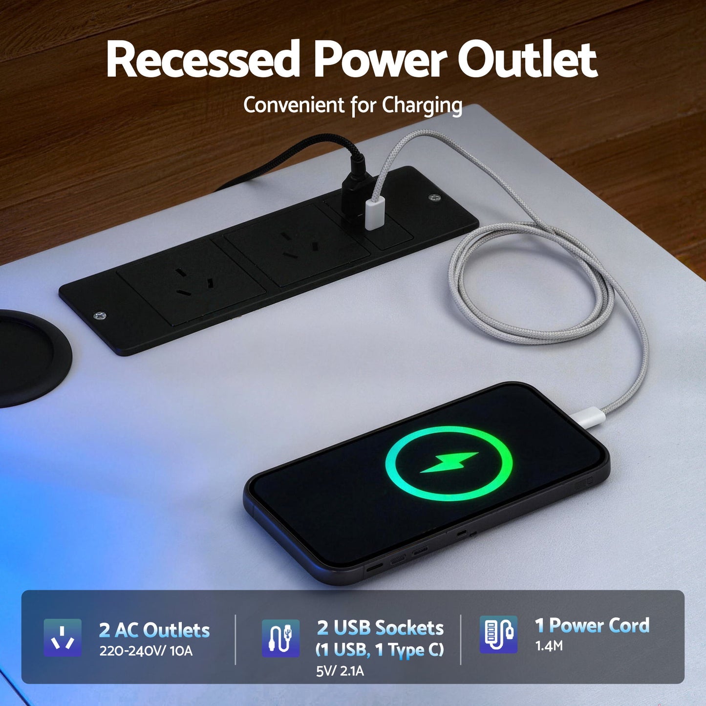 Artiss 140cm L Shaped Gaming Desk Computer Desk with LED Lights & Power Outlets