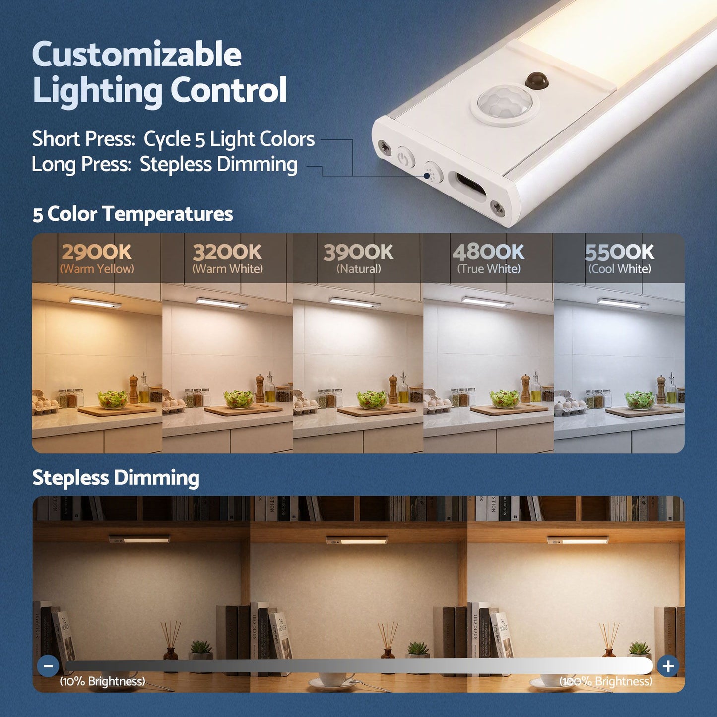 Artiss 4-Pack Motion Sensor Cabinet Lights, 20cm Dimmable LED Closet Light with 5 Colors, Type-C Rechargeable Magnetic Night Light with 5 Colors
