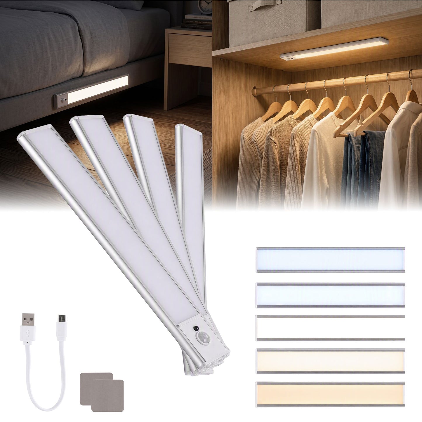 Artiss 4-Pack Motion Sensor Cabinet Lights, 30cm Dimmable LED Closet Light with 5 Colors, Type-C Rechargeable Magnetic Night Light with 5 Colors