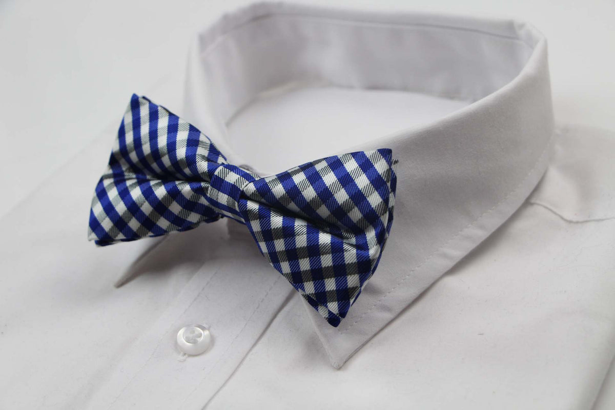 Mens Blue, White & Black Checkered Cotton Bow Tie